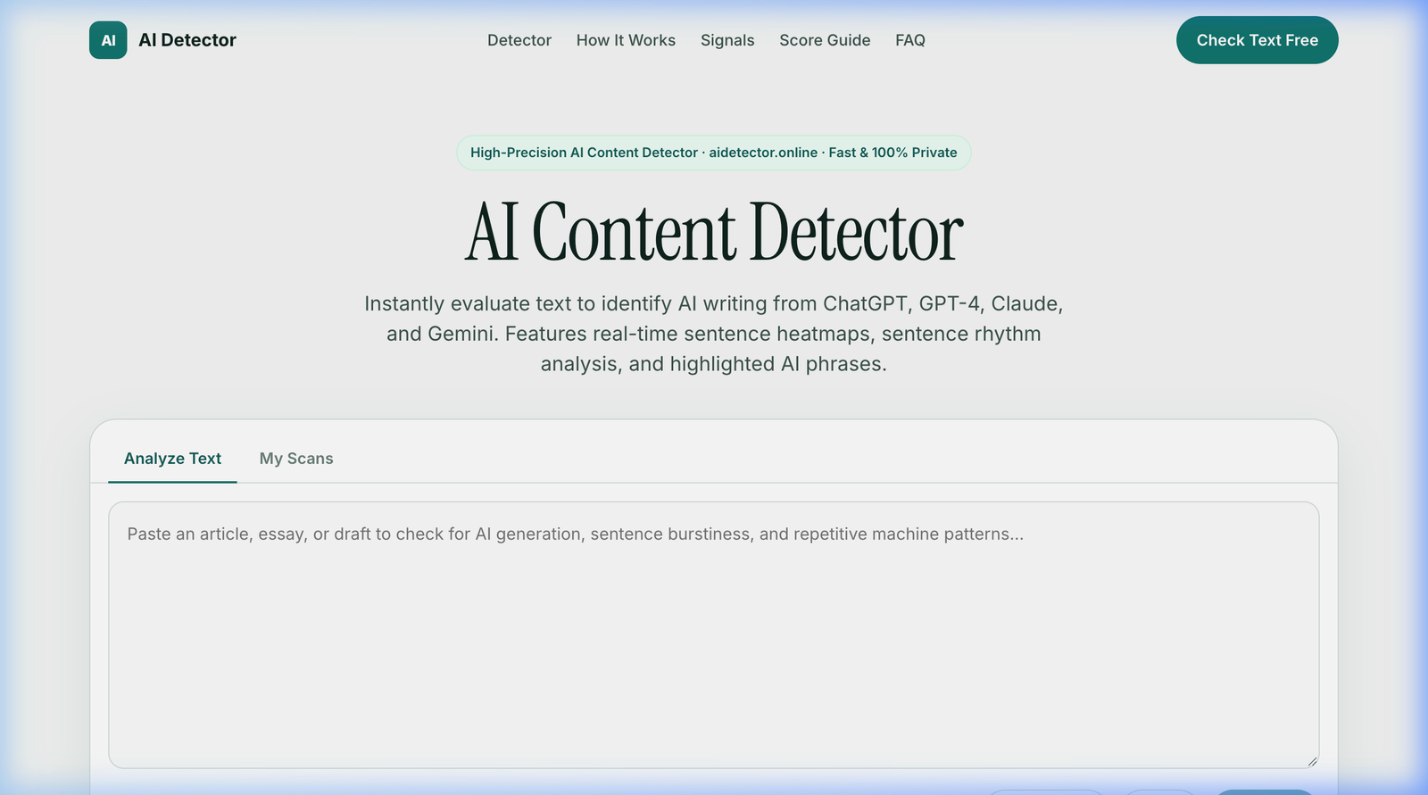 AI Detector input workspace showing text area, word counter, and quick preset buttons
