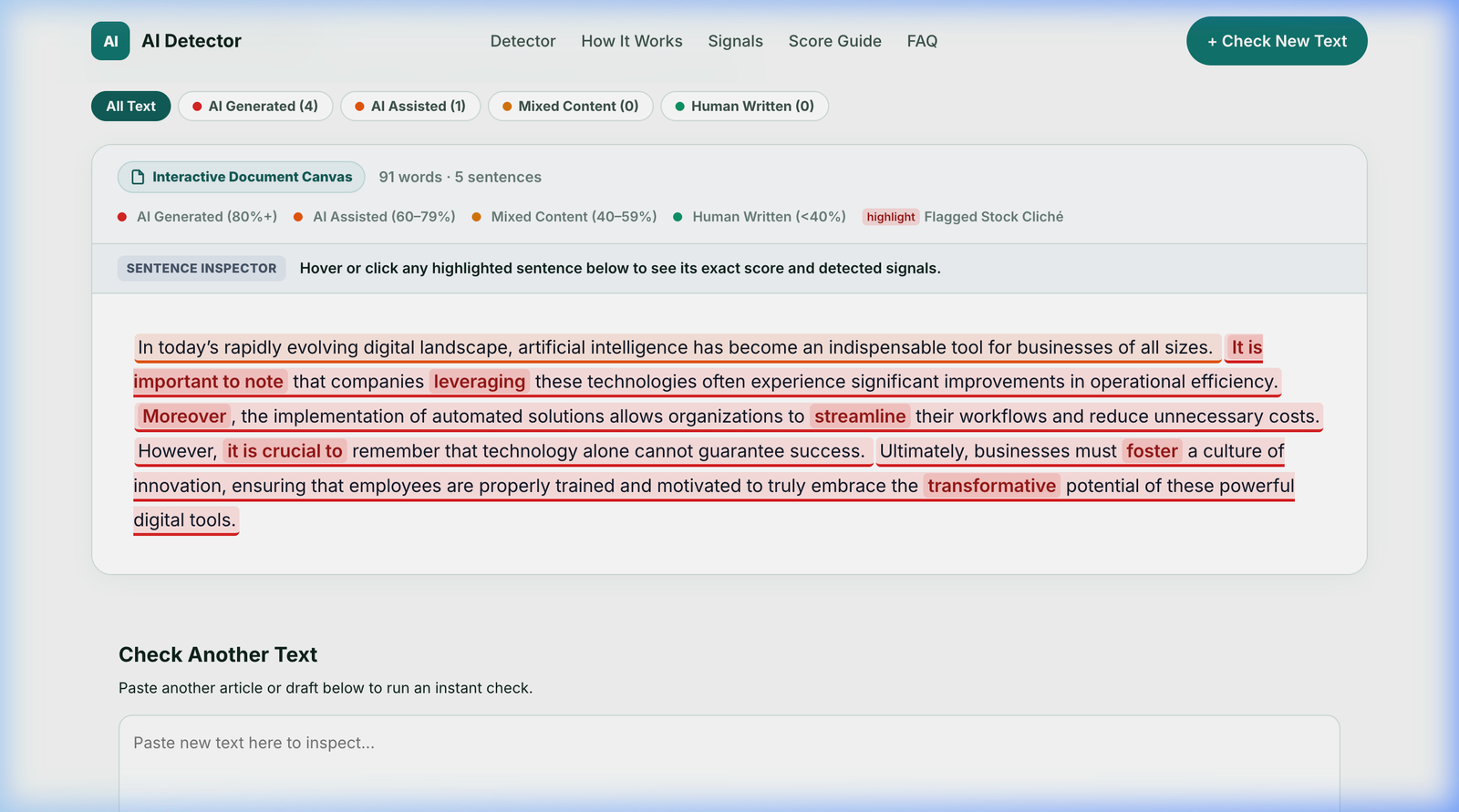 Interactive Document Canvas displaying color-coded sentence highlights and flagged stock clichés